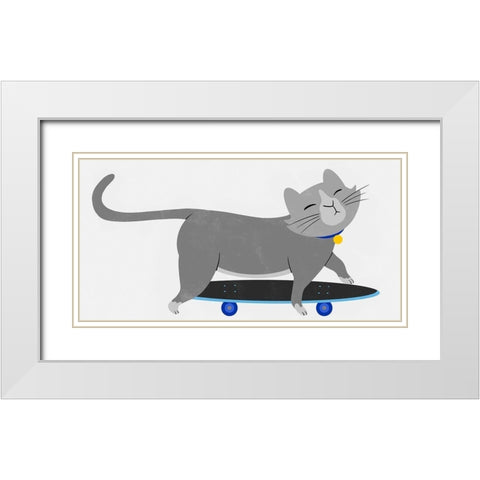 Skateboarding Cat White Modern Wood Framed Art Print with Double Matting by Prime, Marcus