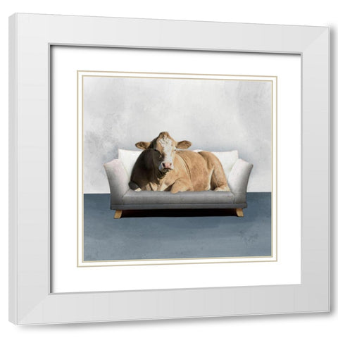 Lounge Cow White Modern Wood Framed Art Print with Double Matting by Prime, Marcus