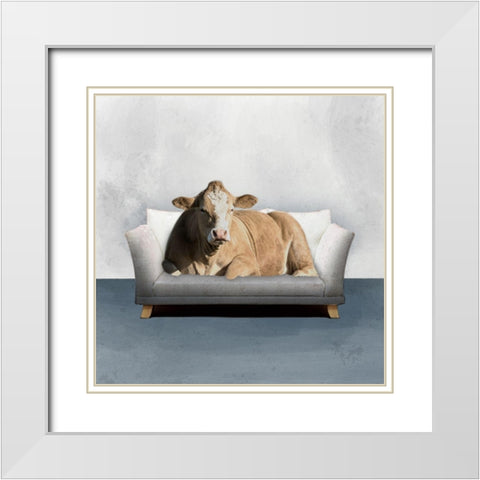 Lounge Cow White Modern Wood Framed Art Print with Double Matting by Prime, Marcus