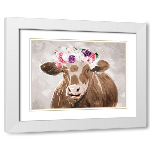Cow Flowers White Modern Wood Framed Art Print with Double Matting by Villa, Mlli