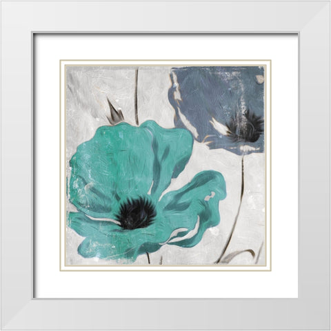 Floral Teal and Blue Hues White Modern Wood Framed Art Print with Double Matting by Villa, Milli