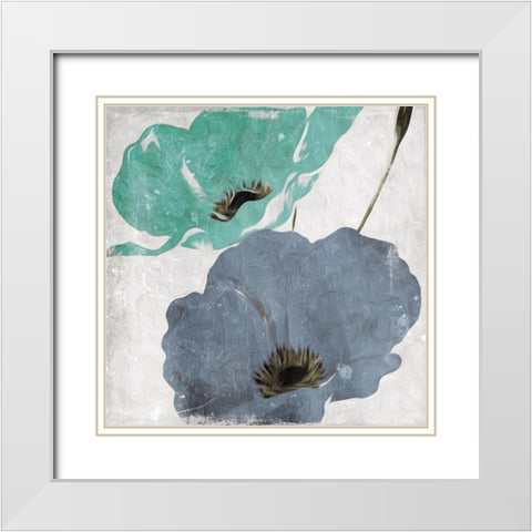 Floral Teal and Blue Hues Mate White Modern Wood Framed Art Print with Double Matting by Villa, Milli