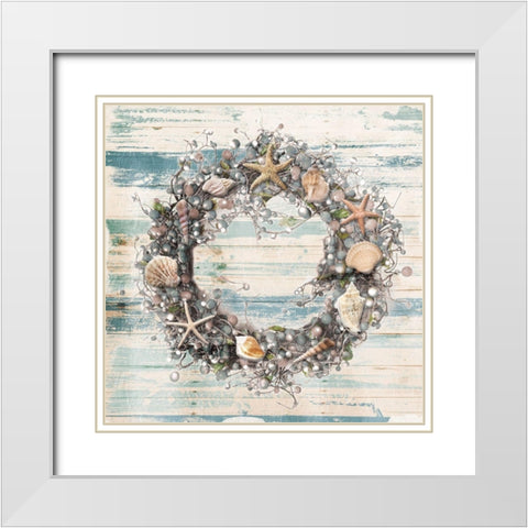 Wreath Blues Coastal White Modern Wood Framed Art Print with Double Matting by Villa, Mlli