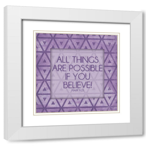Purple Triangles Believe White Modern Wood Framed Art Print with Double Matting by Villa, Mlli