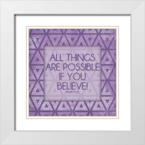 Purple Triangles Believe White Modern Wood Framed Art Print with Double Matting by Villa, Mlli