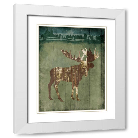 Moose In The Field White Modern Wood Framed Art Print with Double Matting by OnRei