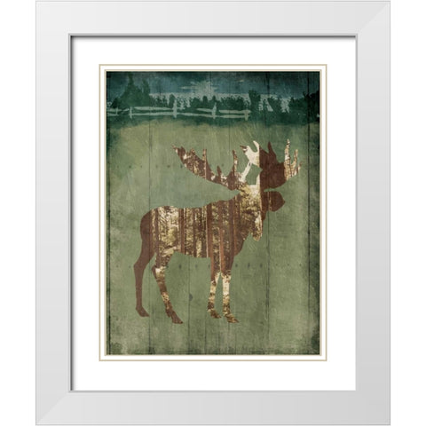 Moose In The Field White Modern Wood Framed Art Print with Double Matting by OnRei