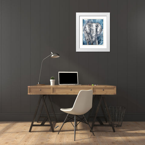 Grey Blue Elephant White Modern Wood Framed Art Print with Double Matting by OnRei