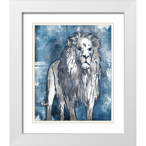 Grey Blue Lion White Modern Wood Framed Art Print with Double Matting by OnRei