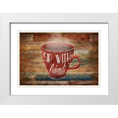 Sip With Friends White Modern Wood Framed Art Print with Double Matting by OnRei