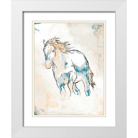 Running Horse Blue White Modern Wood Framed Art Print with Double Matting by OnRei