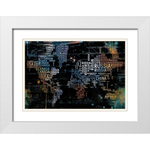 World Text Map White Modern Wood Framed Art Print with Double Matting by OnRei