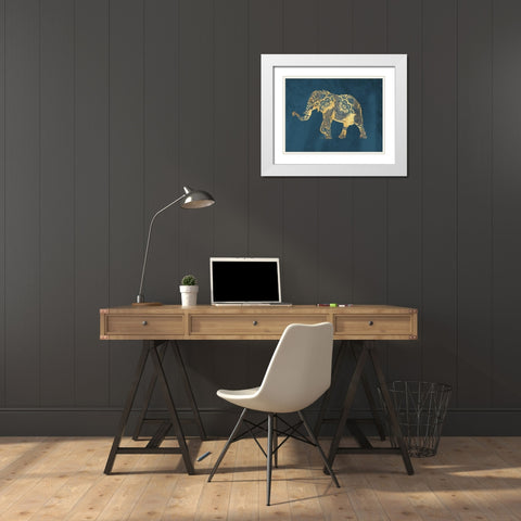 Navy Gold Elephant White Modern Wood Framed Art Print with Double Matting by OnRei