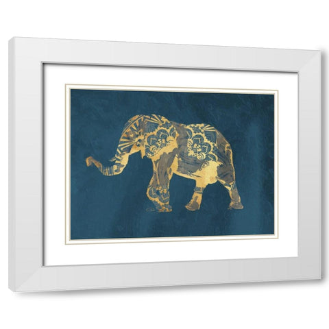 Navy Gold Elephant White Modern Wood Framed Art Print with Double Matting by OnRei