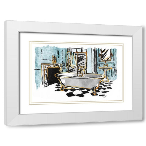 Blue Gold Sketch Bath White Modern Wood Framed Art Print with Double Matting by OnRei