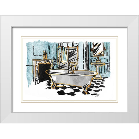 Blue Gold Sketch Bath White Modern Wood Framed Art Print with Double Matting by OnRei