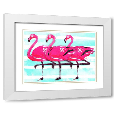 Three Flamingo White Modern Wood Framed Art Print with Double Matting by OnRei