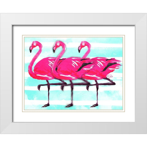 Three Flamingo White Modern Wood Framed Art Print with Double Matting by OnRei