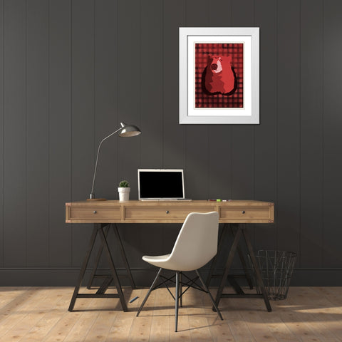 Bear Red Check White Modern Wood Framed Art Print with Double Matting by OnRei