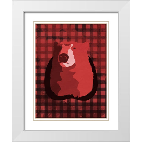 Bear Red Check White Modern Wood Framed Art Print with Double Matting by OnRei