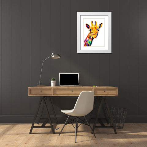 Coloful Giraffe White Modern Wood Framed Art Print with Double Matting by OnRei