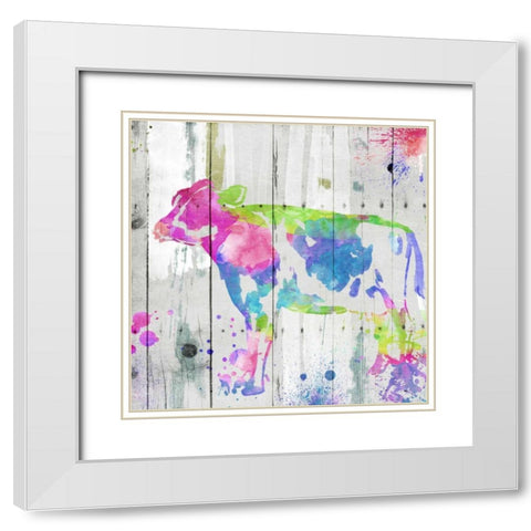 Cow Colorful White Modern Wood Framed Art Print with Double Matting by OnRei