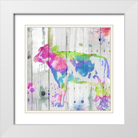 Cow Colorful White Modern Wood Framed Art Print with Double Matting by OnRei