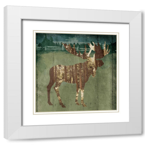 Moose In The Field White Modern Wood Framed Art Print with Double Matting by OnRei