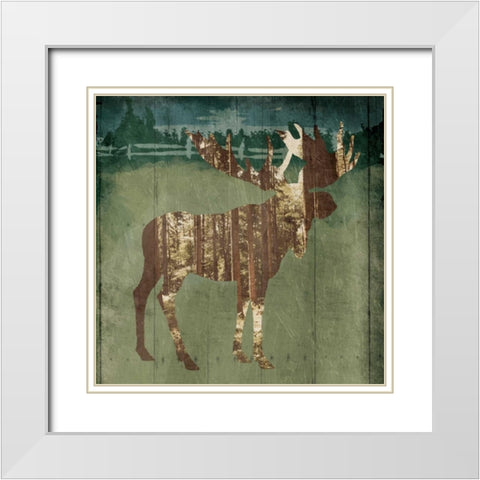 Moose In The Field White Modern Wood Framed Art Print with Double Matting by OnRei