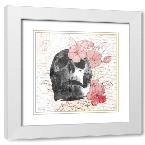 Floral Skull Mate White Modern Wood Framed Art Print with Double Matting by OnRei