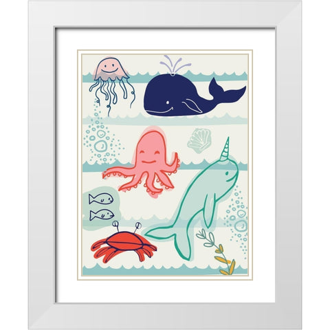 Sea Animals White Modern Wood Framed Art Print with Double Matting by Lula Bijoux and Company