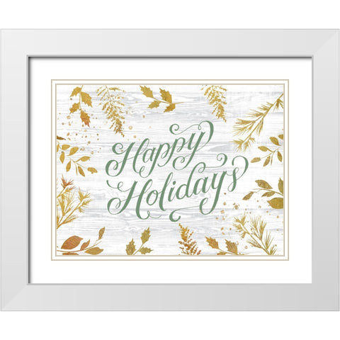 Happy Holidays Sage White Modern Wood Framed Art Print with Double Matting by Lula Bijoux And Company