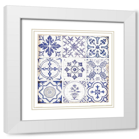 Blue Tiles 1 White Modern Wood Framed Art Print with Double Matting by Lula Bijoux and Company