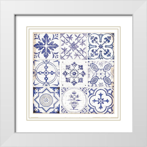 Blue Tiles 1 White Modern Wood Framed Art Print with Double Matting by Lula Bijoux and Company