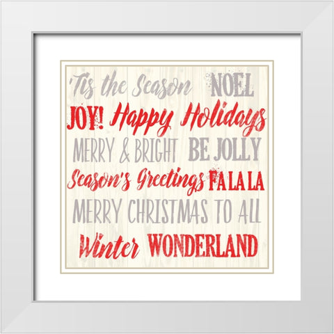 Holiday Words 1 V3 White Modern Wood Framed Art Print with Double Matting by Lula Bijoux And Company