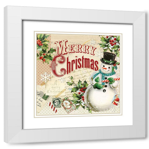 Merry Xmas Snowman White Modern Wood Framed Art Print with Double Matting by Lula Bijoux And Company