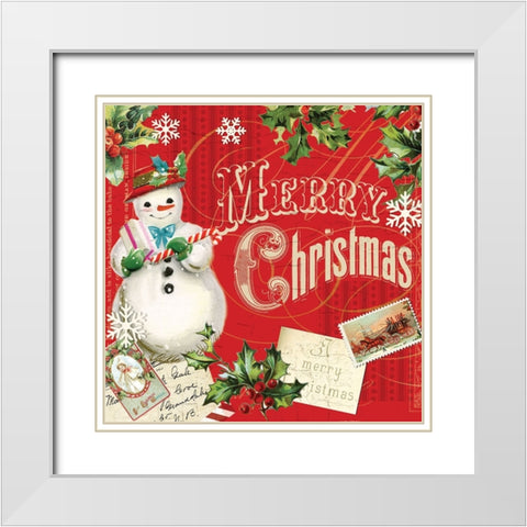Merry Xmas Snowman 2 White Modern Wood Framed Art Print with Double Matting by Lula Bijoux And Company