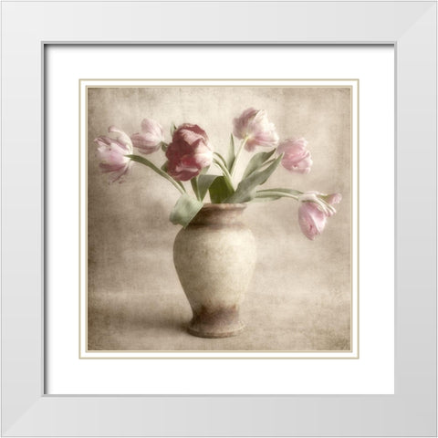 Parrot Tulips White Modern Wood Framed Art Print with Double Matting by Poinski, Dianne