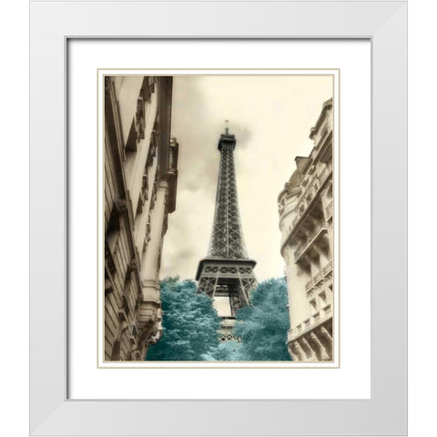 Teal Eiffel Tower 1 White Modern Wood Framed Art Print with Double Matting by Poinski, Dianne