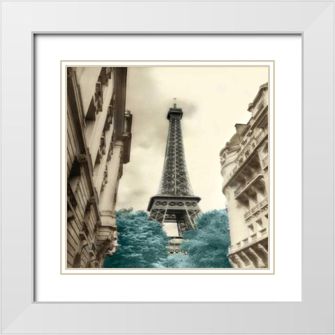 Teal Eiffel Tower 1 White Modern Wood Framed Art Print with Double Matting by Poinski, Dianne