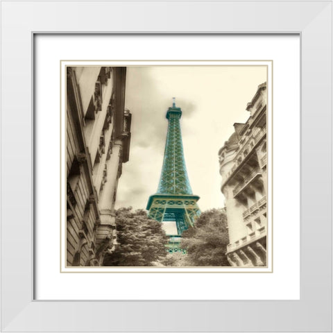 Teal Eiffel Tower 2 White Modern Wood Framed Art Print with Double Matting by Poinski, Dianne