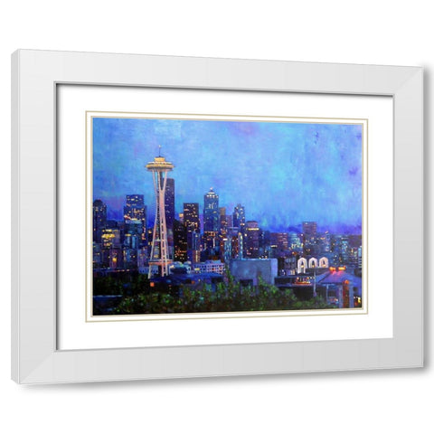 Seattle at Night White Modern Wood Framed Art Print with Double Matting by Ghanooni, Sarah