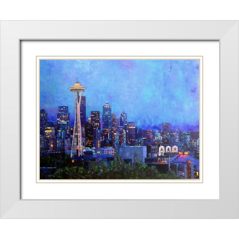 Seattle at Night White Modern Wood Framed Art Print with Double Matting by Ghanooni, Sarah