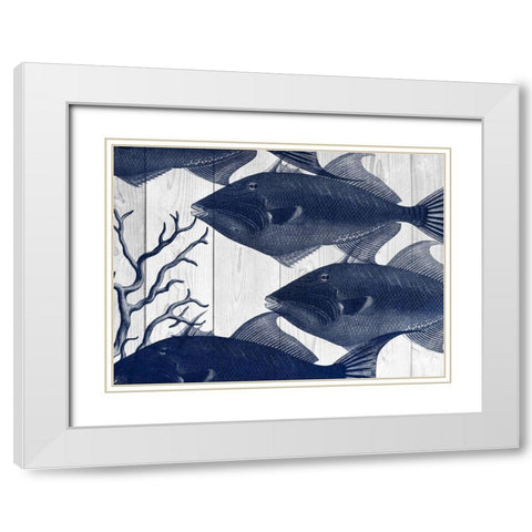 Blue Fishe White Modern Wood Framed Art Print with Double Matting by Lewis, Sheldon