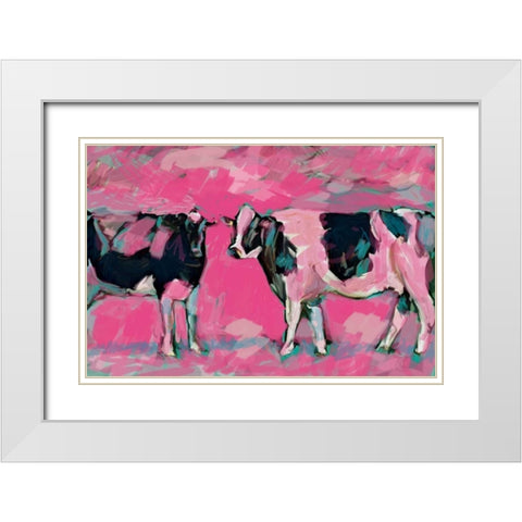 Pink Cows 1 White Modern Wood Framed Art Print with Double Matting by Butcher, Sarah