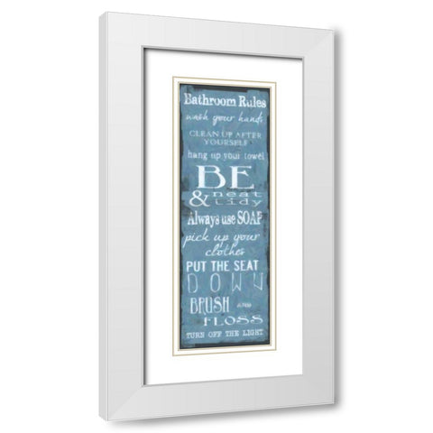 Bathroom Rules Blue White White Modern Wood Framed Art Print with Double Matting by Greene, Taylor