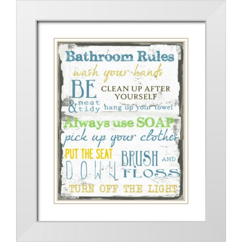 BATHROOM RULES MULTI White Modern Wood Framed Art Print with Double Matting by Greene, Taylor