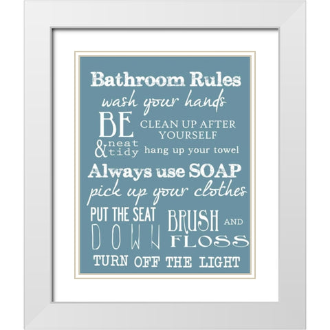 BATHROOM RULES BLUE White Modern Wood Framed Art Print with Double Matting by Greene, Taylor