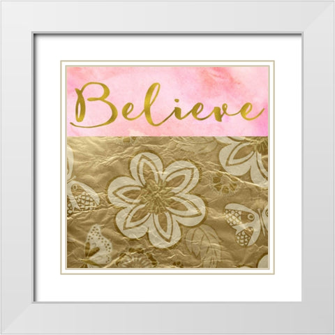 Believe Golden Flowers White Modern Wood Framed Art Print with Double Matting by Greene, Taylor