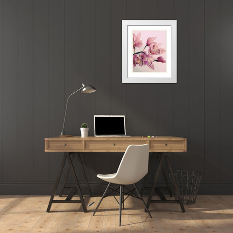 Pink Orchids White Modern Wood Framed Art Print with Double Matting by Urban Epiphany